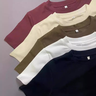 High Quality Cotton Heavy Loose Bottoming Shirt Casual Basic T-shirt Pure Cotton Retro Solid Color Round Neck Men's Short Sleeve - Edosmi