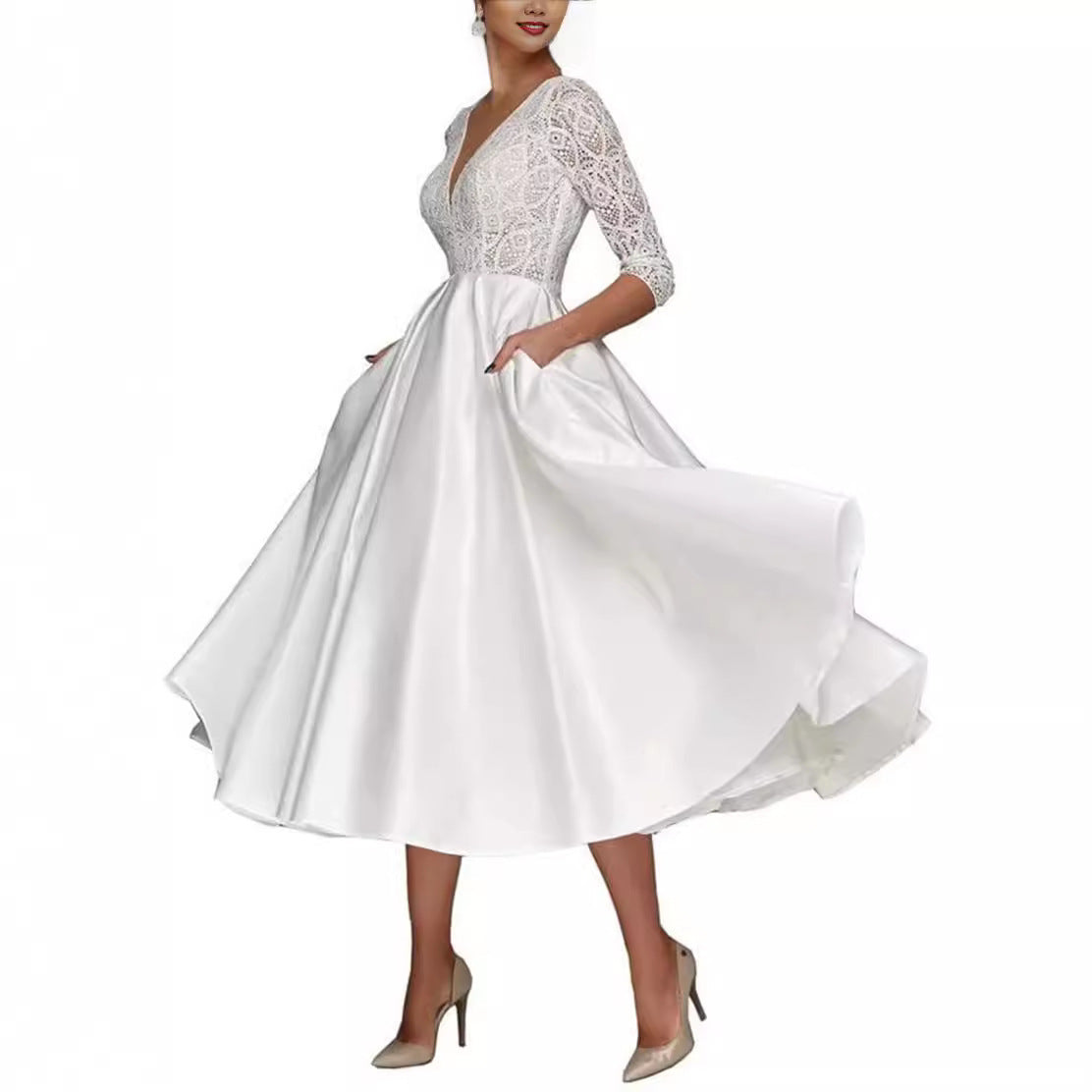 Bridal Deep V-neck Slim Lace Mid-length Long Sleeve Wedding Dress - Edosmi