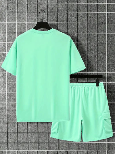 Men's Outfit, Solid Casual Loose Crew Neck Short Sleeve T-Shirt & Drawstring Shorts With Multi Pockets 2-piece Set For Summer Outdoor Activities - Edosmi