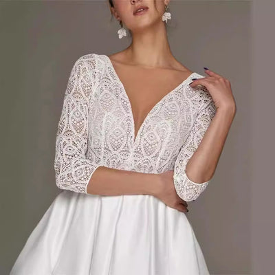 Bridal Deep V-neck Slim Lace Mid-length Long Sleeve Wedding Dress - Edosmi