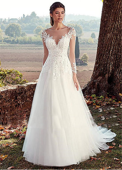 High U-neck Lace Long Sleeve A- Line Long Tail Simple Wedding Dress - Edosmi