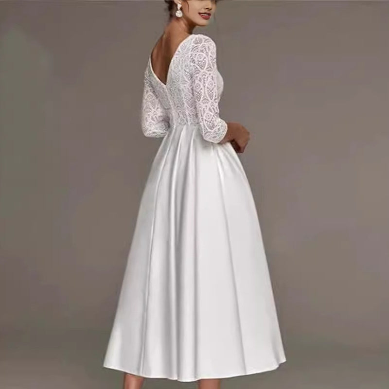 Bridal Deep V-neck Slim Lace Mid-length Long Sleeve Wedding Dress - Edosmi