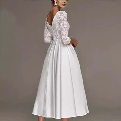 Bridal Deep V-neck Slim Lace Mid-length Long Sleeve Wedding Dress - Edosmi