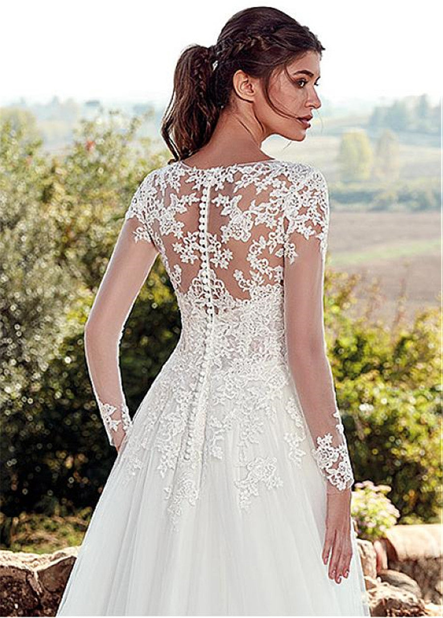 High U-neck Lace Long Sleeve A- Line Long Tail Simple Wedding Dress - Edosmi