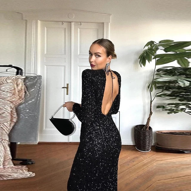 Black Sequins Bow Backless Long Sleeve Dress